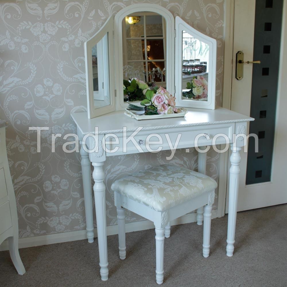 Ivory Dressing Table with Triple Mirror and Stool