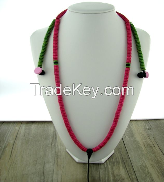 2015 Urizons New product personality In-Ear green red multicolour wood beads Wired MP3 beaded necklace headsets