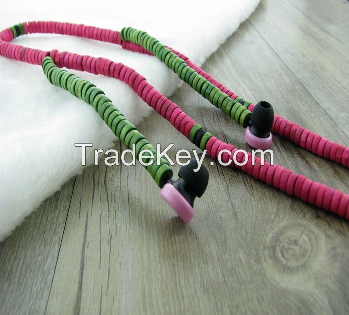 2015 Urizons New product personality In-Ear green red multicolour wood beads Wired MP3 beaded necklace headsets