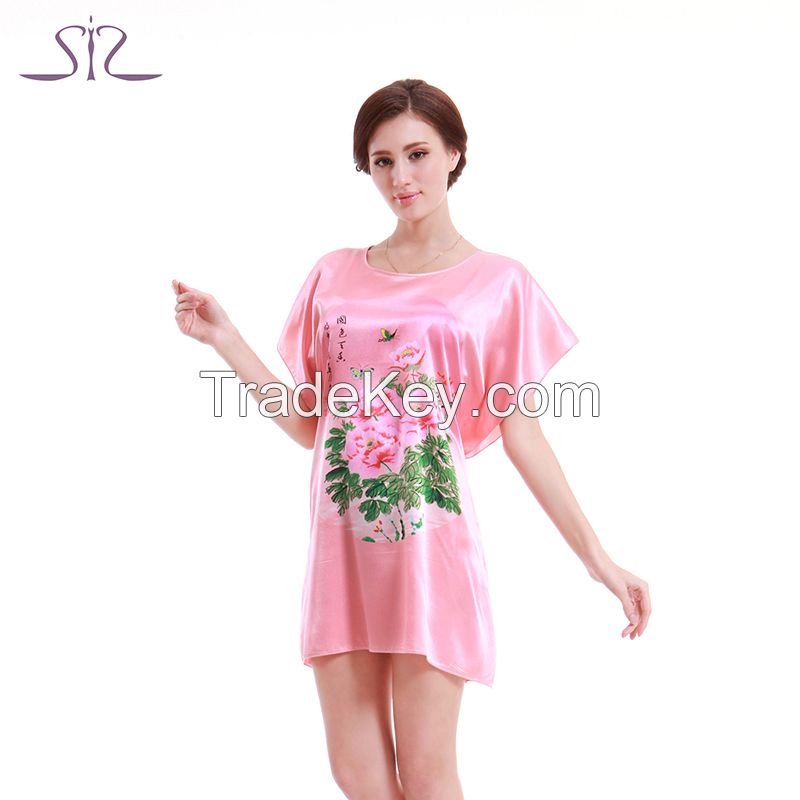 2015 Time Rushed Spring Summer Pink Women Sleepshirt Short Sleeve Floral Print Satin Nightgown For Women