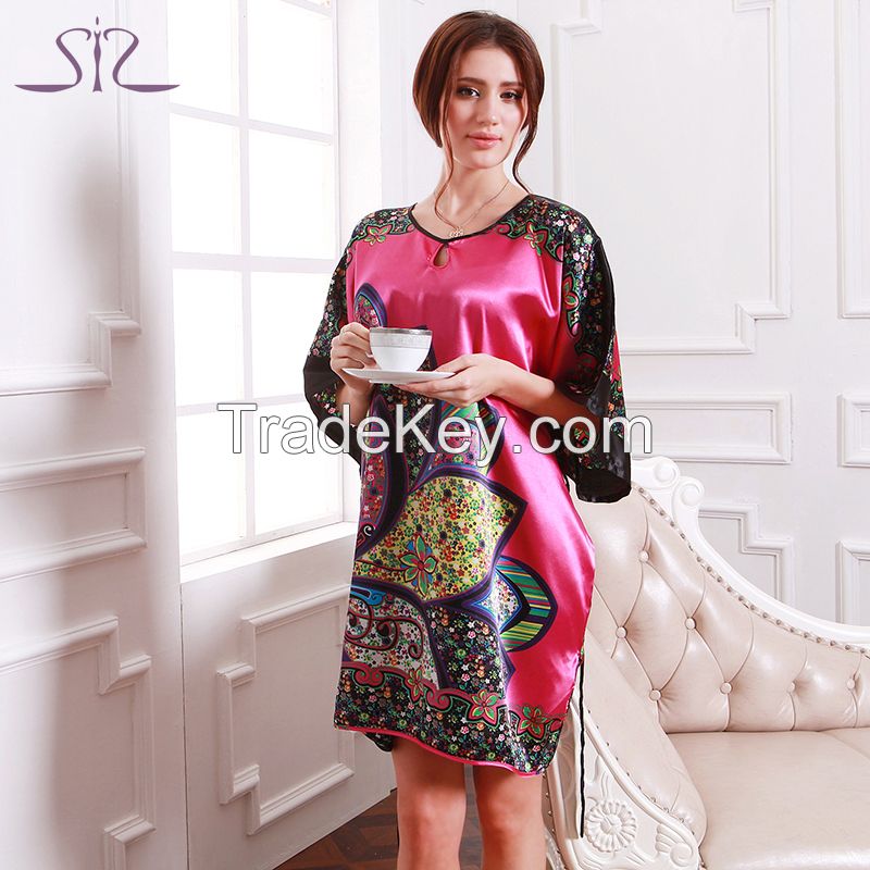 Time-limited Summer Silk Sleepwear For Women New Fashion Heart Shape Print Round Neck Women Nightgown