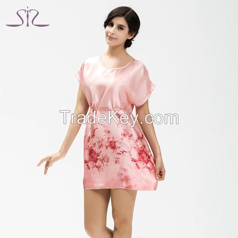 2015 Time Rushed Spring Summer Pink Women Sleepshirt Short Sleeve Floral Print Satin Nightgown For Women