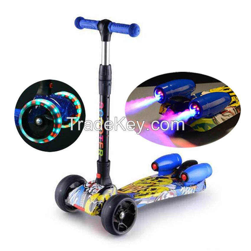 Kick Scooter, Rocket Sprayer Water Jet Height Adjustable Lean to Steer Scooter with Flashing PU Wheels