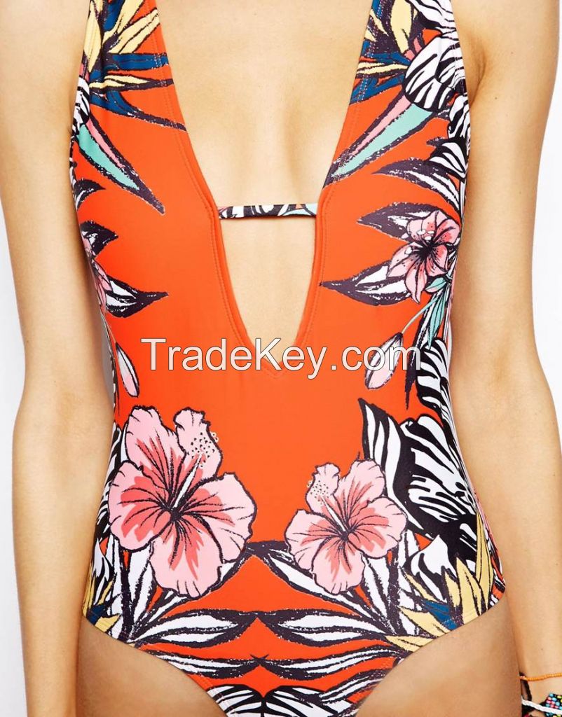 women floral deep v swimwear suit