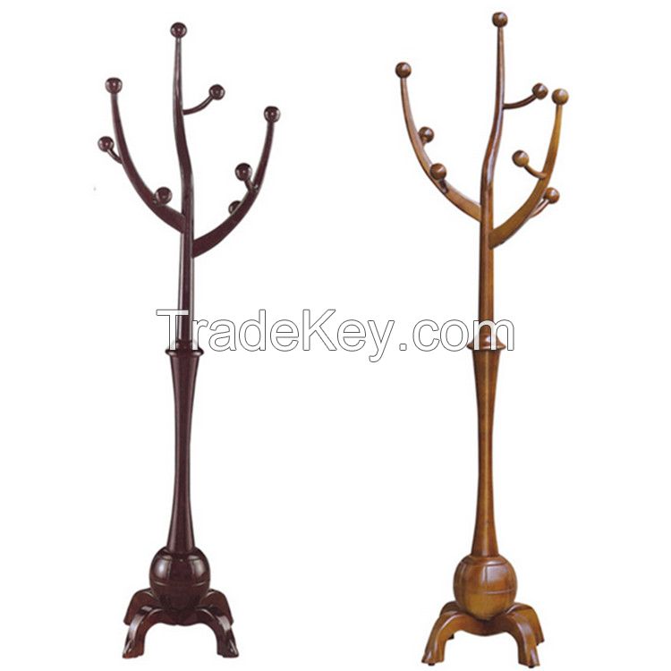 Wooden Coat Rack Solid Rubber Wood Hall Tree Hanger with Four Legs Base