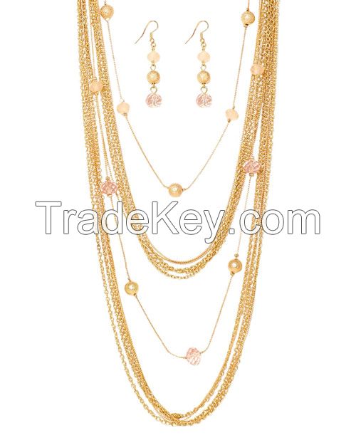 Gold-plated necklace with bead and bead earrings