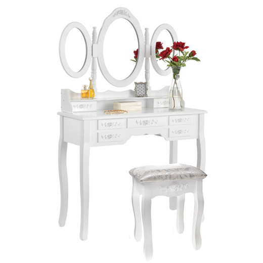 Vanity with Mirror and Stool Set