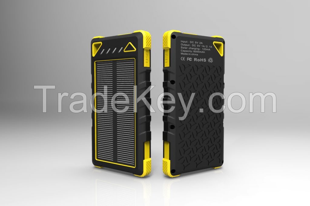 Power Bank 2015 Newest 8000mAh Dual USB Waterproof, Dustproof and Shockproof Solar