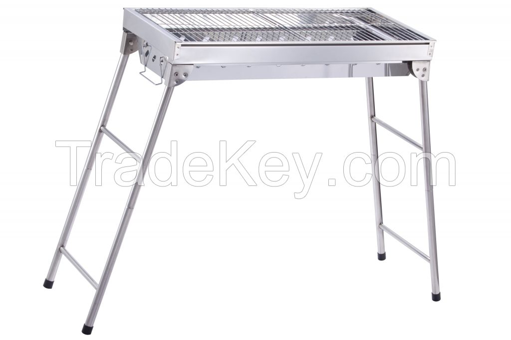 Stainless steel charcoal BBQ grill with folding legs
