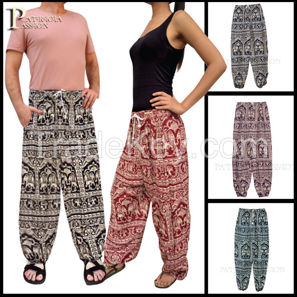 Harem Comfort Pants for Women/Men/Unisex , Great for Yoga/Sport/Outdoor, Long/Short Pants, Handmade in Thailand, Boho/Gypsy/Harem/Hippie Pants, Oriental Elephant Print