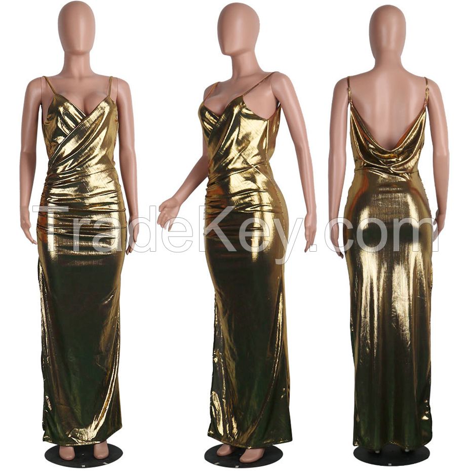 Women bandage Dress Celebrity summer style Dress Club Party Bodycon Gold Maxi Dress
