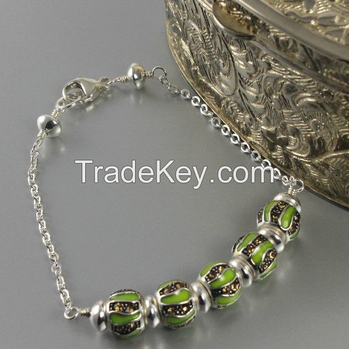 Green Enamel Bead, Sterling Silver Bead and Chain Bracelet