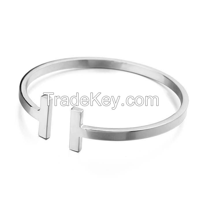 TOP fashion stainless steel shiny side opening double T bracelet can be adjusted