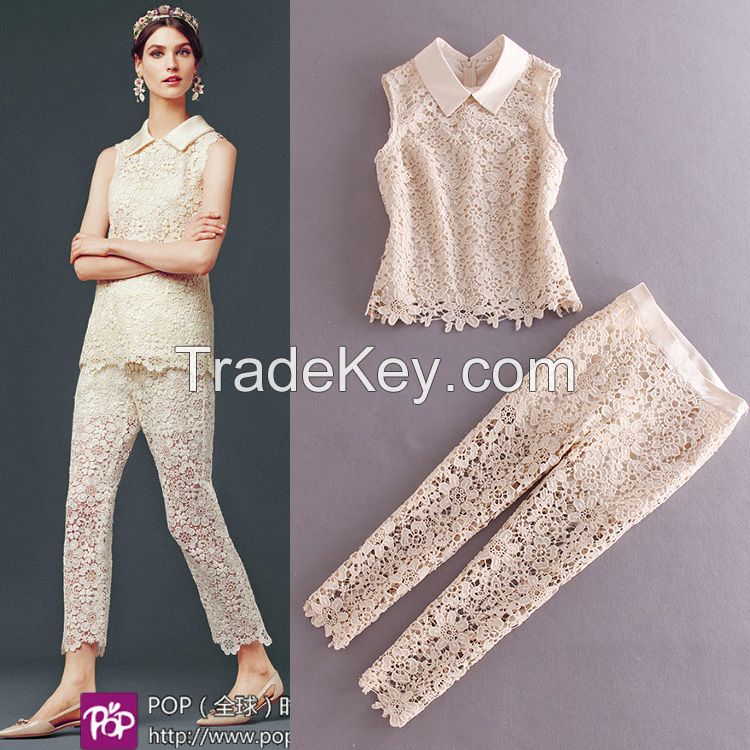 Sell 2015 Newest Fashion Women Clothings Designer 2pcs Set Lace Top and Trousers
