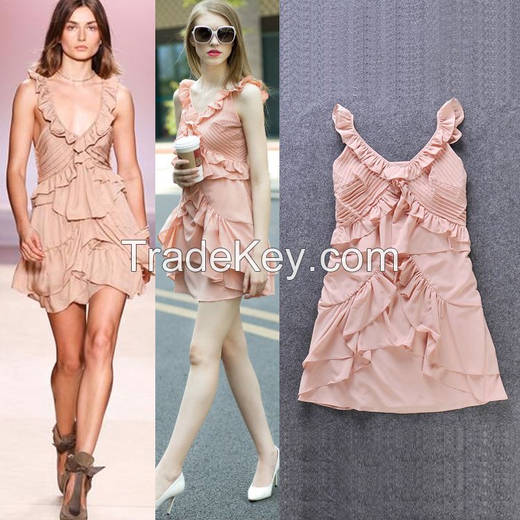 Sell 2015 Fashion Women Clothings Lovely Pink Ruffles Summer Dress