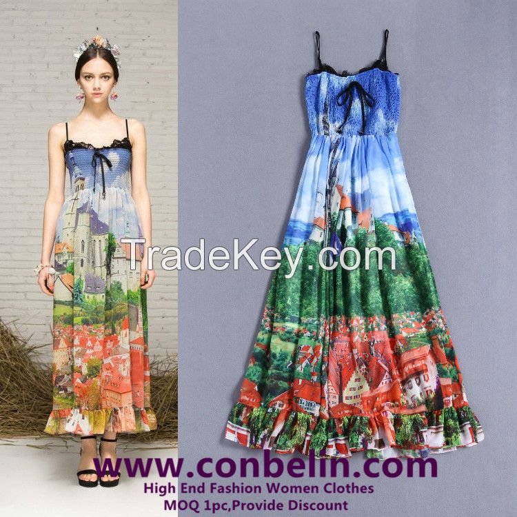 2015 Soft Material Long Style Printed Dress Fashion Boutique Dresses Wholesale