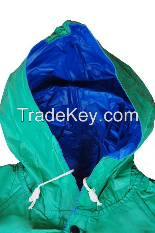 R-1057-1 GREEN AND BLUE REVERSIBLE PVC VINYL RAIN BEST WATERPROOF JACKET