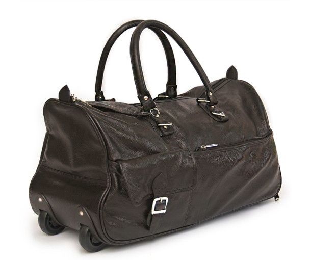 BROWN LEATHER DUFFLE TROLLEY BAG