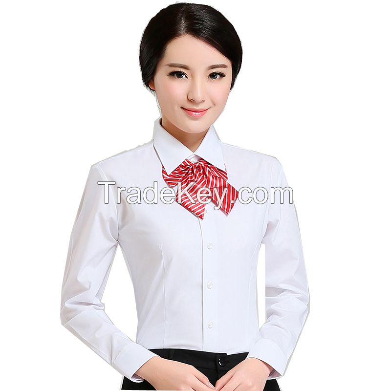 Long sleeve white uniform shirt with turn down collar for office lady