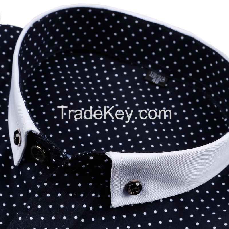 Stylish long sleeve dot dress shirt with white collar and cuff