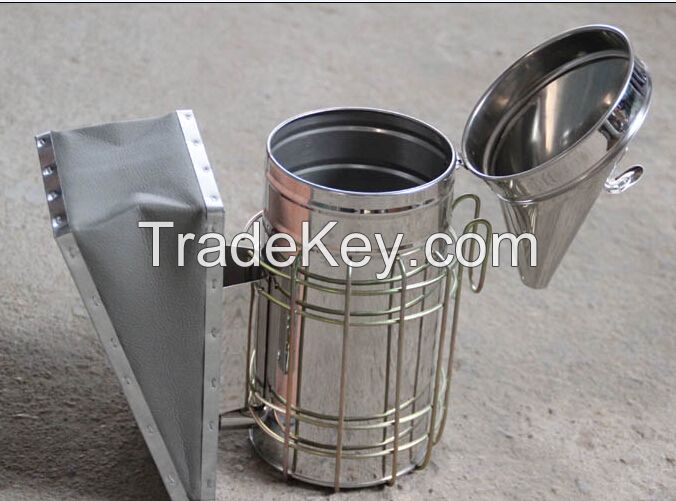 stainless steel bee smoker with leather bellow, apiculture beekeeping tools,