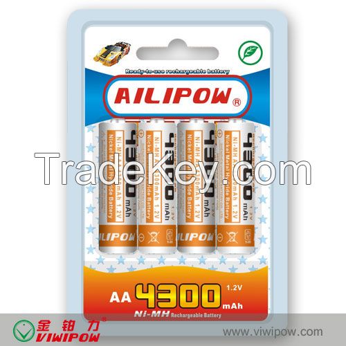 Big Capacity Low Internal Resistance Rechargeable 1.2V 4300mAh AA Ni-CD Battery (VIP-AA-4300)  