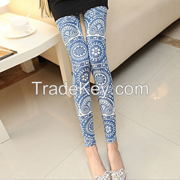 FASHION WOMENS SEXY PATTERNED PRINTED LEGGINGS LEGGINS TIGHTS PANTYHOSE HIGH WAISTED PANTS STRETCHY FOOTLESS COLOUR BLUE