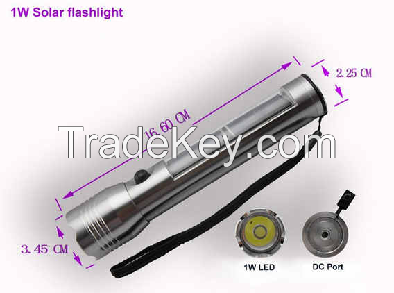 1W high power solar powered led flashlight, with USB input charging port