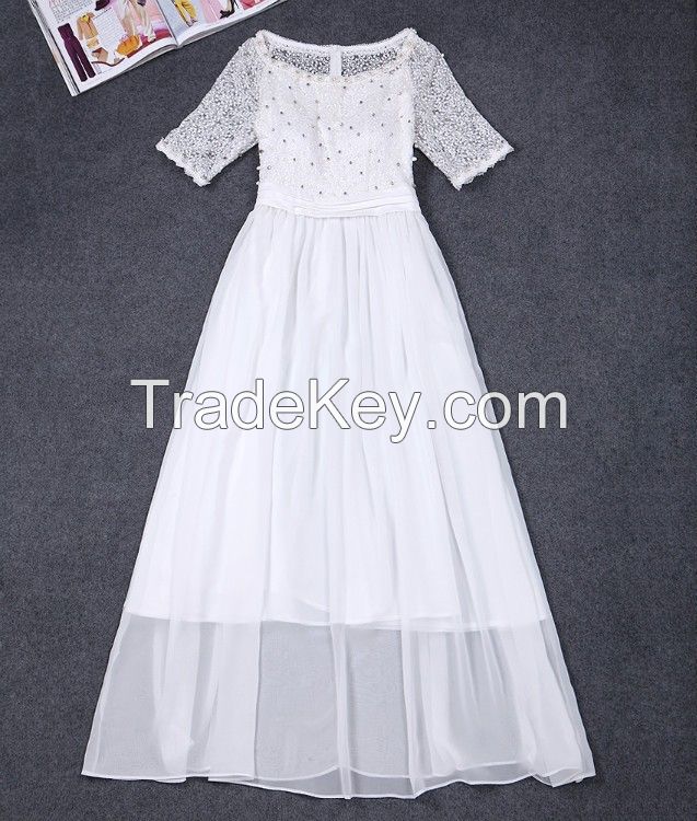 China Cheap Chiffon Maxi White Party Long Dress with Beads