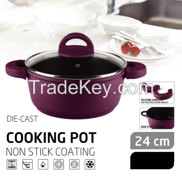 24cm Purple Soup Pot With Nonstick , Silicon Handle Protector