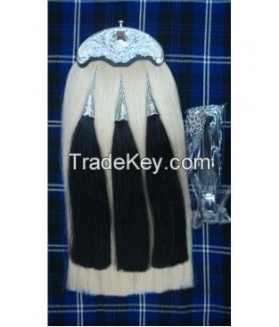 Original Horse Hair Sporran white with 3 Black Tassels