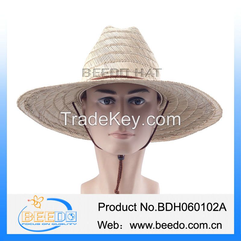 Mat design high quality straw cowboy hat with grosgrain ribbon and wind break for men