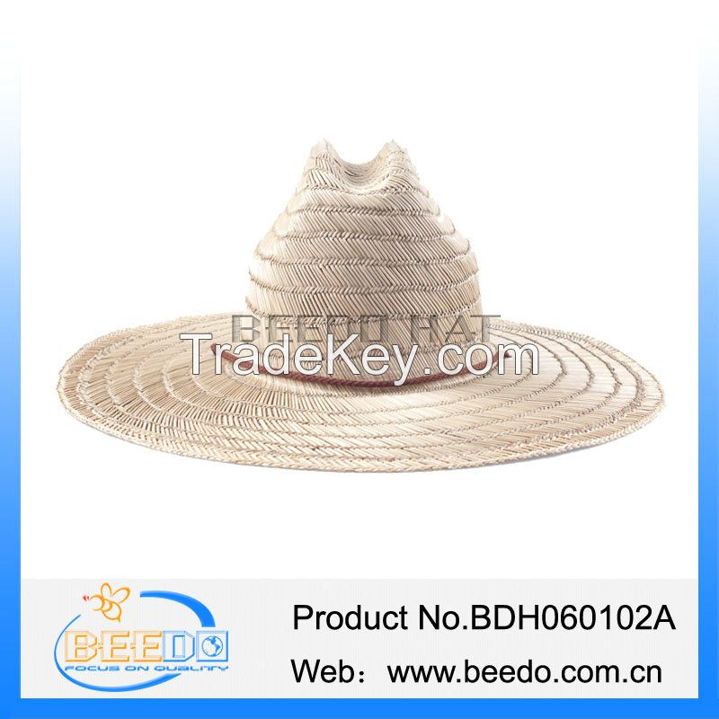Wide brim hollow straw cowboy hat with wind break