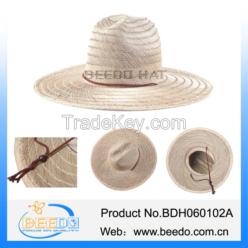 Wide brim hollow straw cowboy hat with wind break