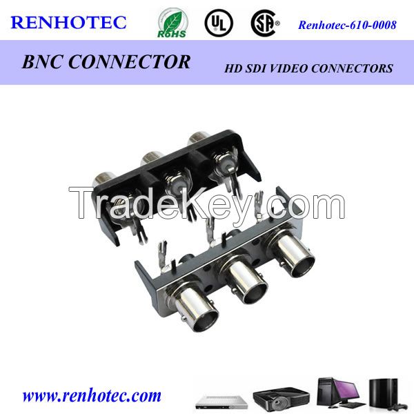 three BNC female connector for PCB mount in one rows