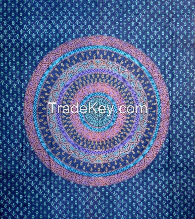 Block Printed Bed Sheet /Bed Spread Hippie Mandala Indian Tapestry/Blue Cotton Mandala Bed cover
