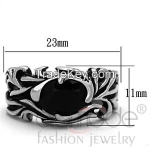TK1355 Rustic Gothic Jet Black Stainless Steel Synthetic Glass Men's Ring