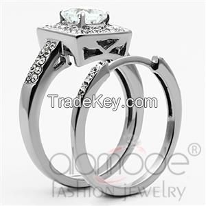 TK1088 Square-Shaped Double Row Grain Set Halo Stainless Steel AAA Grade CZ Wedding Ring Set