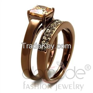 TK2670 Le Chocolat Cathedral-Styled Stainless Steel AAA Grade CZ Wedding Ring Set