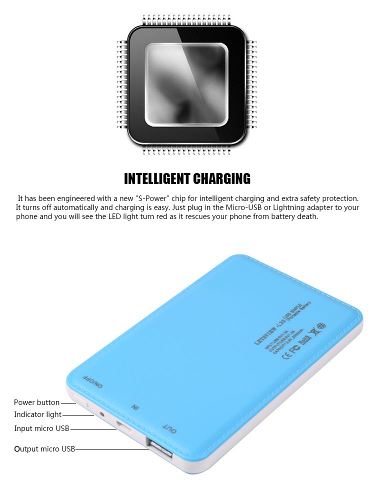 LETSVIEW Universal Portable Power Bank 3000mAh High Capacity Rechargeable External Backup Battery Pack for Samsung Galaxy S3/4/5/6/Edge Note 2/3/4 Apple Iphone 4S/5S/5C/6/6PLUS