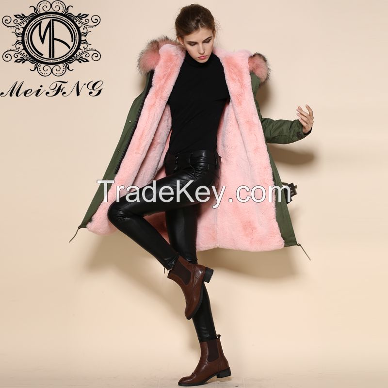 2015 Most Popular Pink Fur Parka Hoodie Army Green Fur Jacket