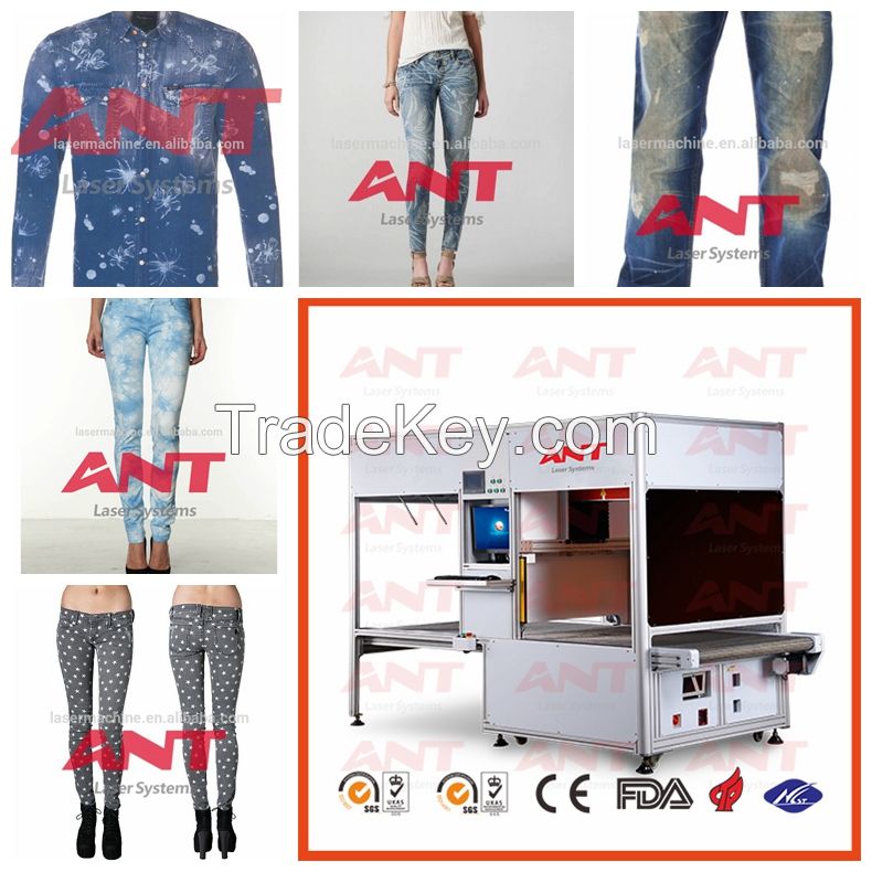 Galvo laser marking machine jeans marking whrisker with auto feeding system
