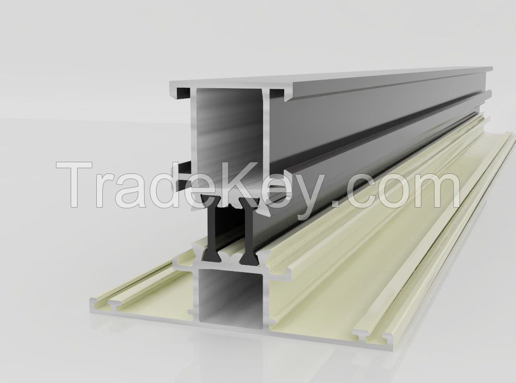 Aluminum extrusions for doors and windows or other decorative use with thermal break effect