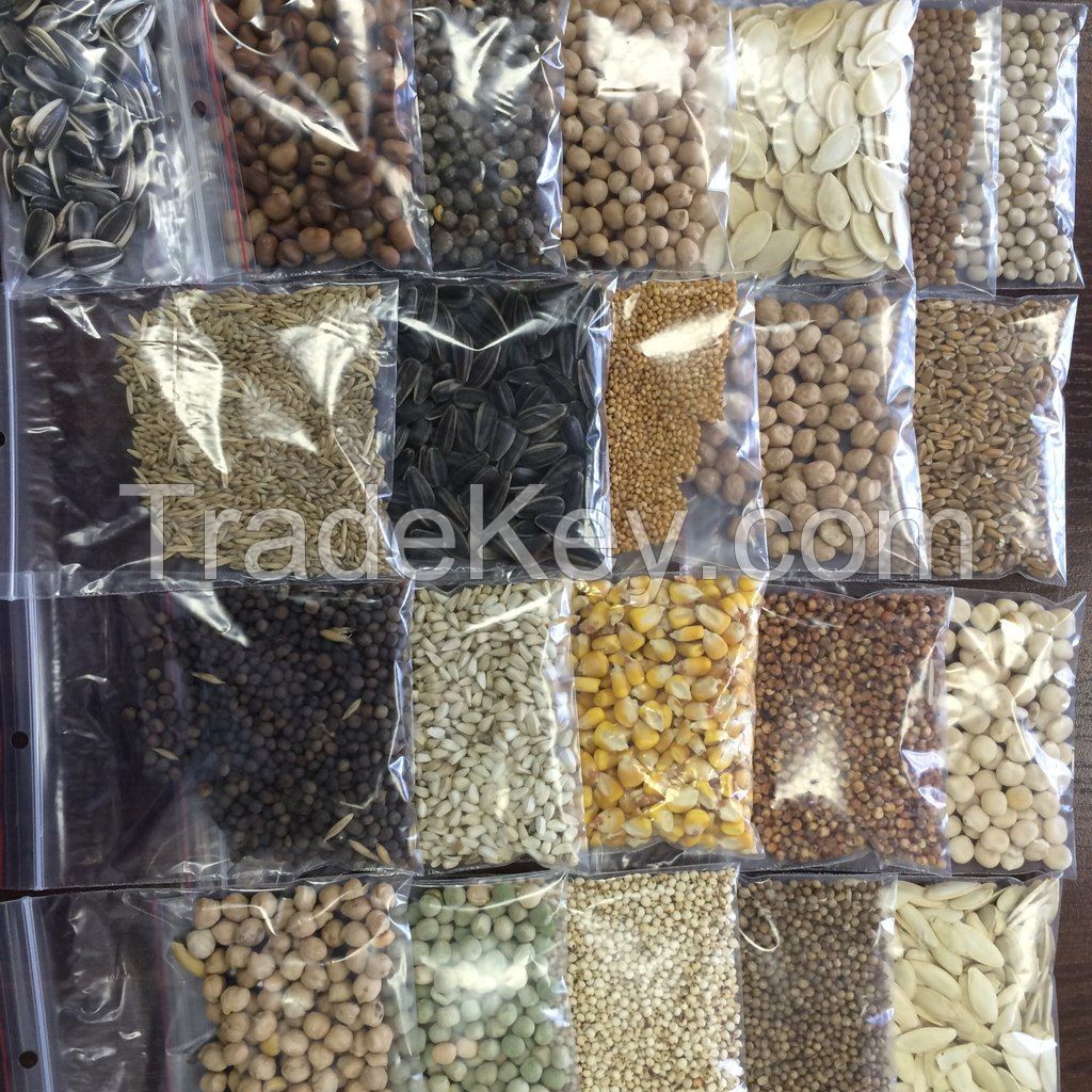 chick-pea, coriander, millet, peas, sorghum, sunflower, corn, vetch, flax seeds, lupine, mustard, sainfoin, canary, safflower, oat, soy, rape and other products.