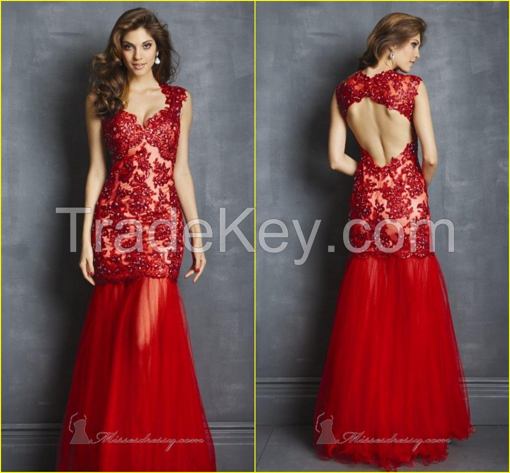 2015 Popular With Middle East Sexy Red Appliques and Beadings Cap Sleeves Backless Tulle Mermaid Evening Dress/Party Dress