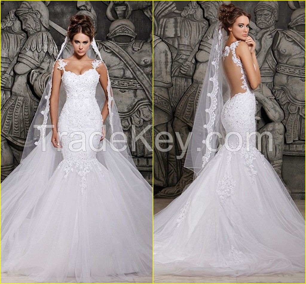 2015 Pure Hand Made Sexy Charming Appliques Double Straps Transparent Back Mermaid Wedding Gown