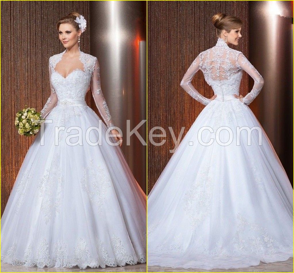 High Quality Custom Made Appliques Sweetheart  Organza Ball Gown Bridal Wedding Gown With Long Sleeves Jacket