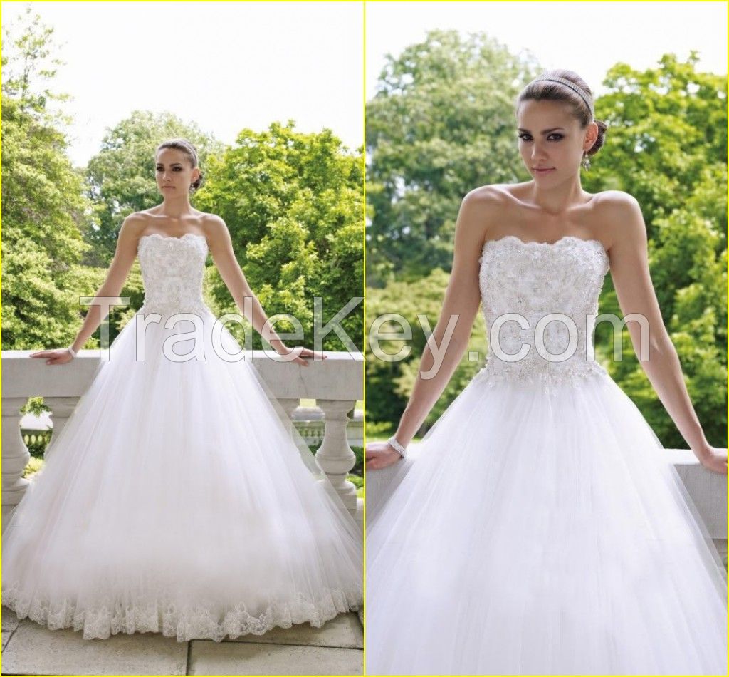 2015 New Arrival Hot  Sale Elegant Strapless Appliqued and Beading Tulle Ball Gown Princess Bridal Gown