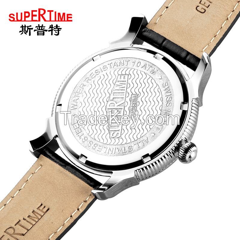 Stainless steel watch with genuine leather band, wholesale men's watch