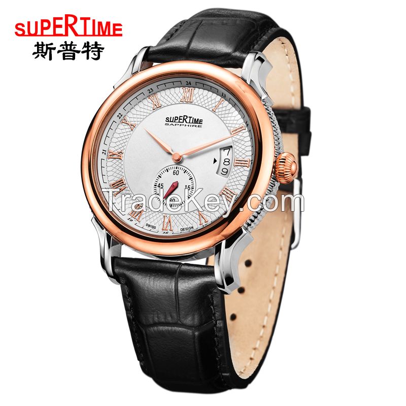 Stainless steel watch with genuine leather band, wholesale men's watch